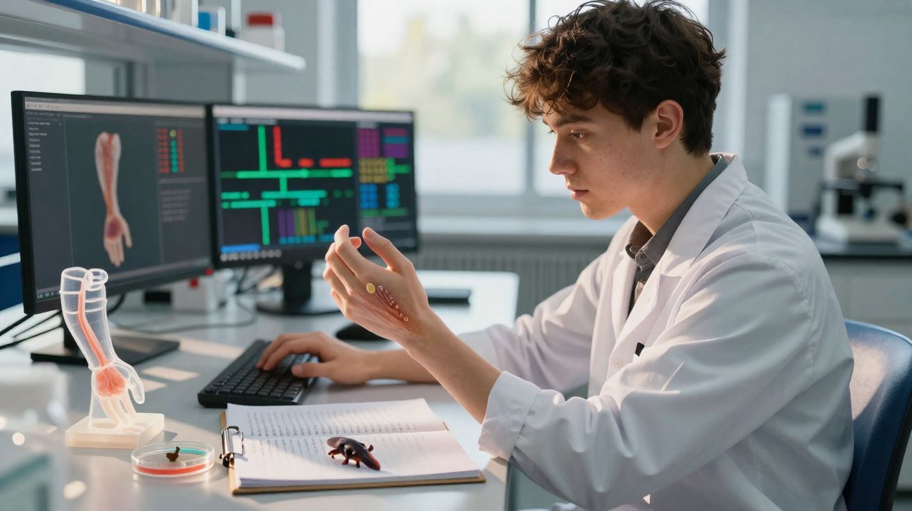 Jovem cientista em laboratório analisando modelo anatômico do braço com dados em telas de computador.