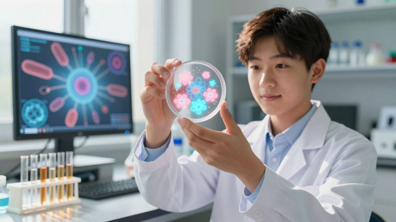 Cientista analisando placa de petri com cultura colorida em laboratório moderno.