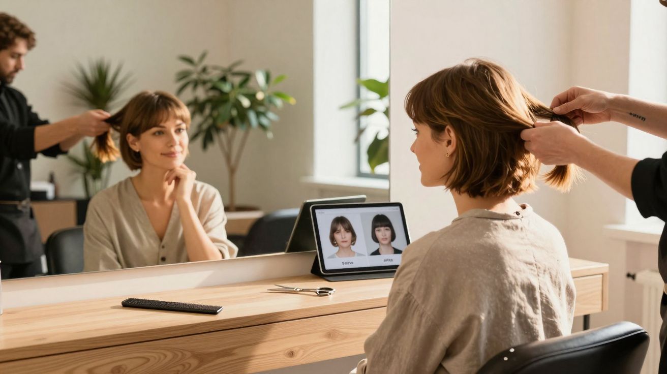 Mulher sentada em salão de beleza olhando no espelho enquanto cabeleireiro arruma seu cabelo curto.