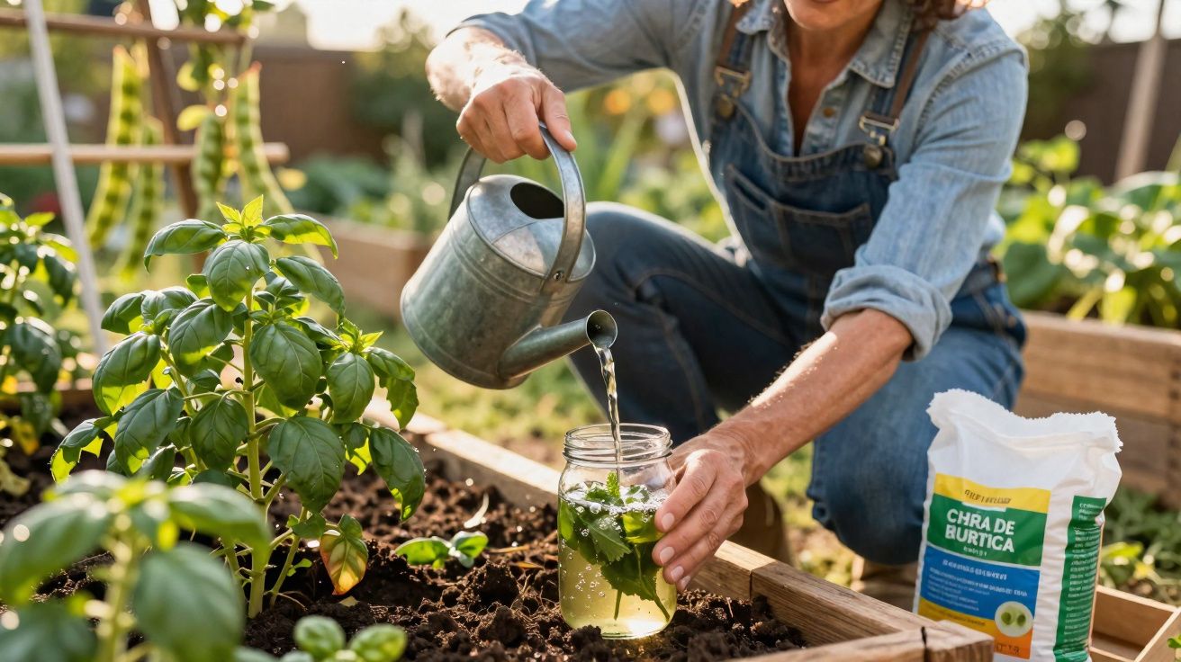Pessoa regando plantas com regador e preparando chá de urtiga em horta caseira ao ar livre.