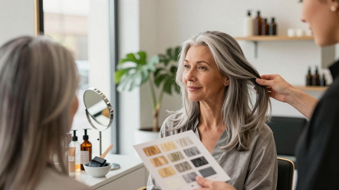 Mulher sorridente olhando a cor do cabelo ao escolher tonalidade em salão de beleza.