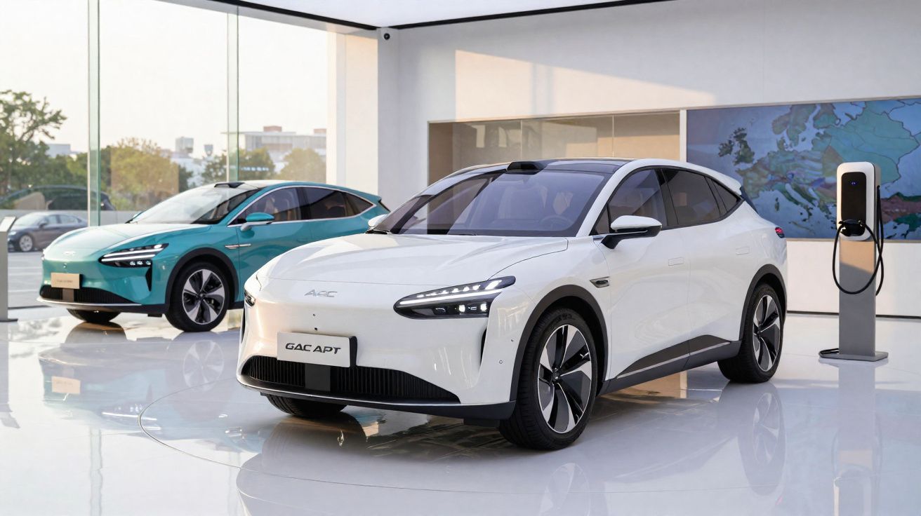 Dois carros elétricos GAC APT em exposição em showroom moderno com estação de recarga ao lado.