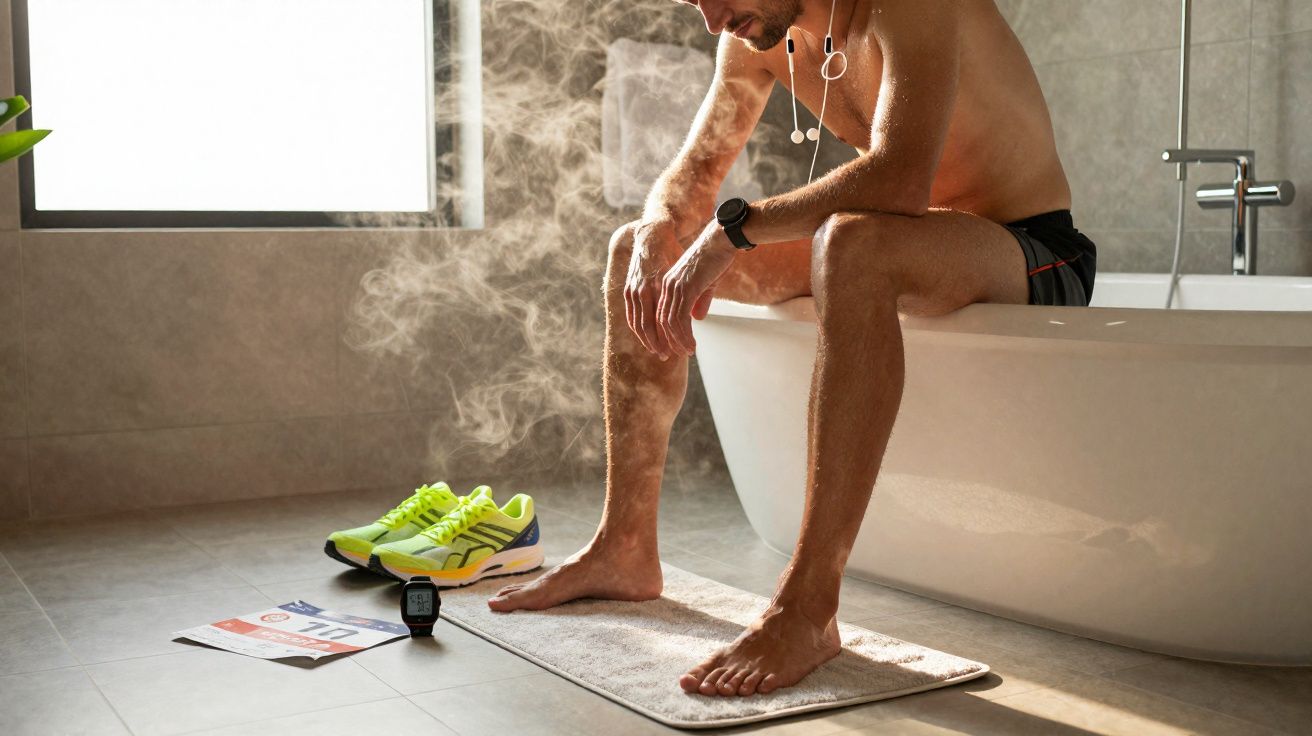 Homem sem camisa sentado na banheira, com tênis e relógio esportivo, em ambiente com vapor.