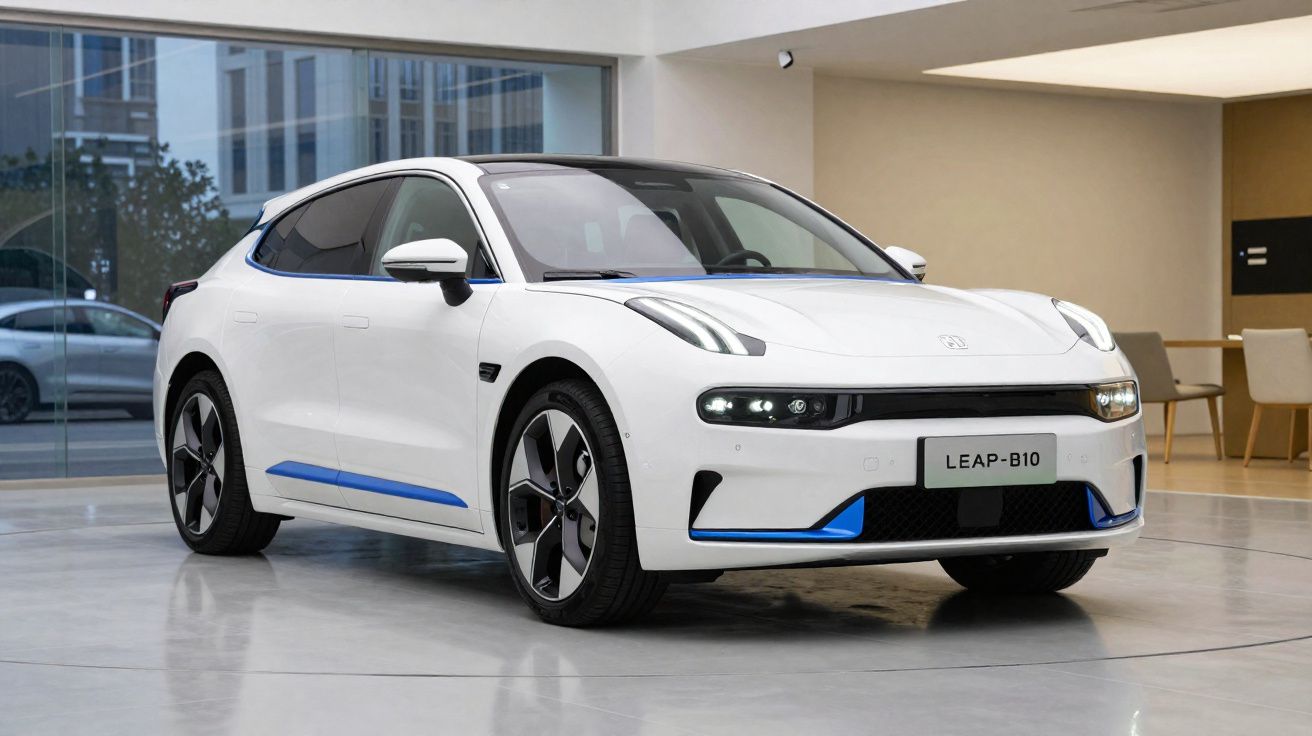 Carro elétrico branco Leap-B10 estacionado em ambiente interno moderno com detalhes em azul.