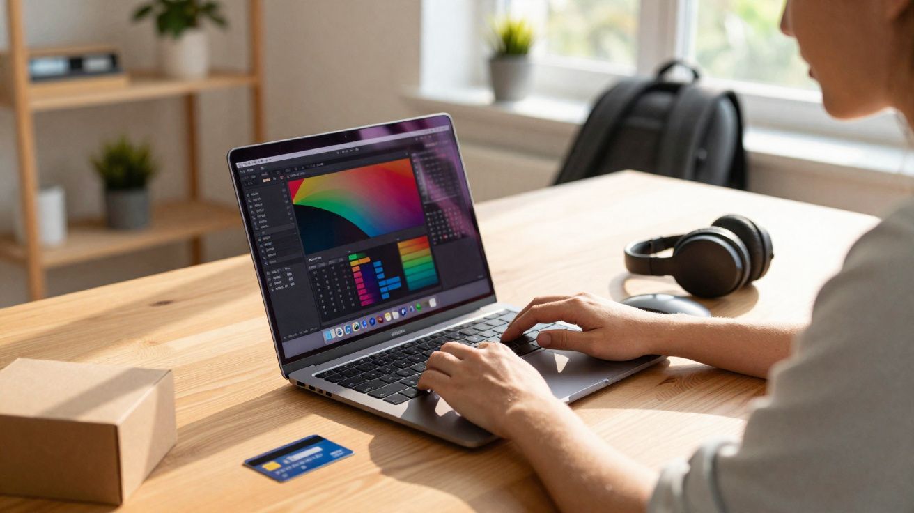 Pessoa usando notebook para trabalhar edição de cores em mesa com fones e cartão bancário.