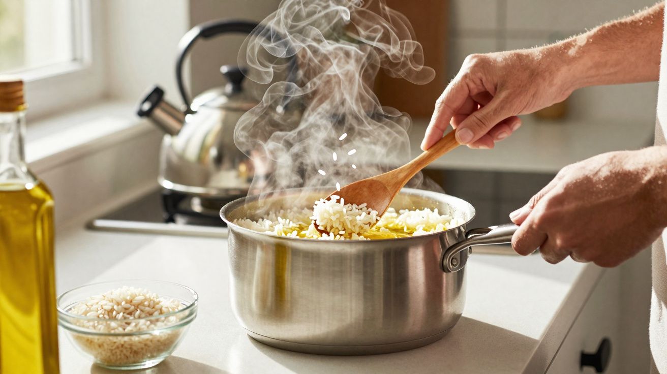 Mãos mexendo arroz quente com colher de madeira em panela na cozinha, ao lado de azeite e arroz cru.