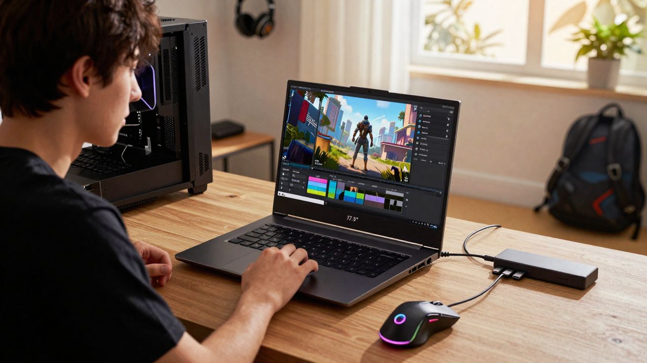 Jovem editando vídeo de um jogo em laptop sobre mesa de madeira, com mouse gamer e gabinete ao lado.