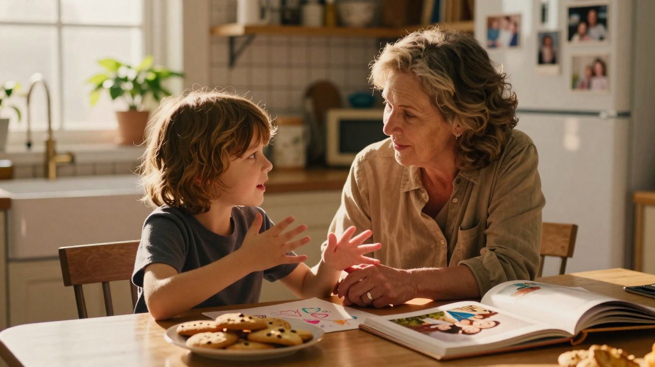 Criança conversando com mulher mais velha na cozinha, com desenhos e livros sobre a mesa.