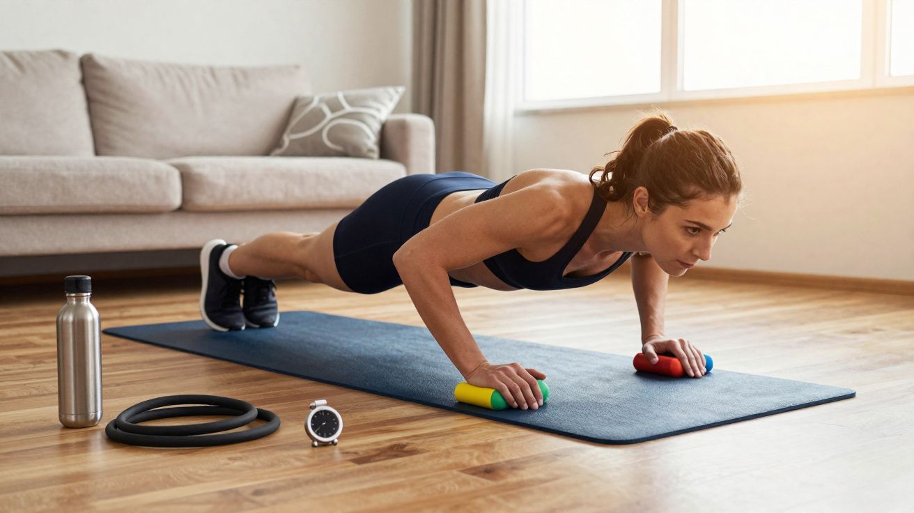 Mulher fazendo flexão apoiada em dispositivos coloridos sobre tapete azul em sala iluminada.