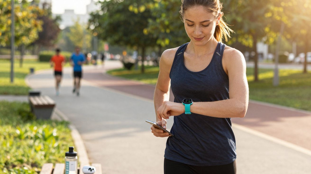 Mulher vestindo roupa esportiva verifica relógio inteligente em parque enquanto correu, com pessoas ao fundo.