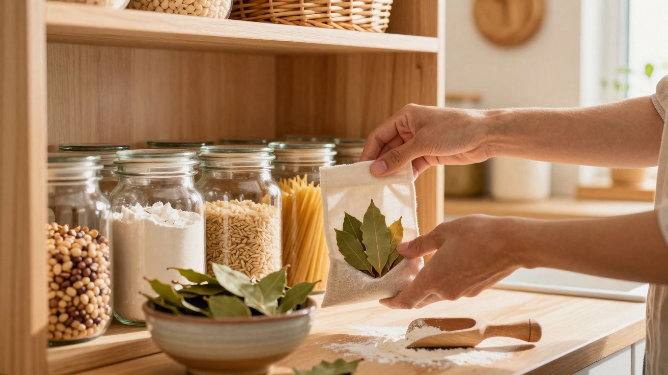 Mãos segurando saquinho de tempero com folhas de louro em cozinha organizada com potes e farinha.