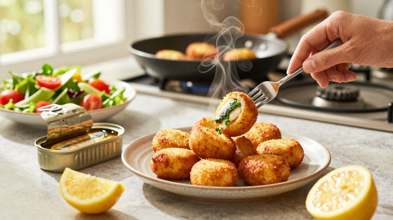 Croquetes dourados fumegantes numa mesa com limão, salada e sardinha em lata ao fundo.