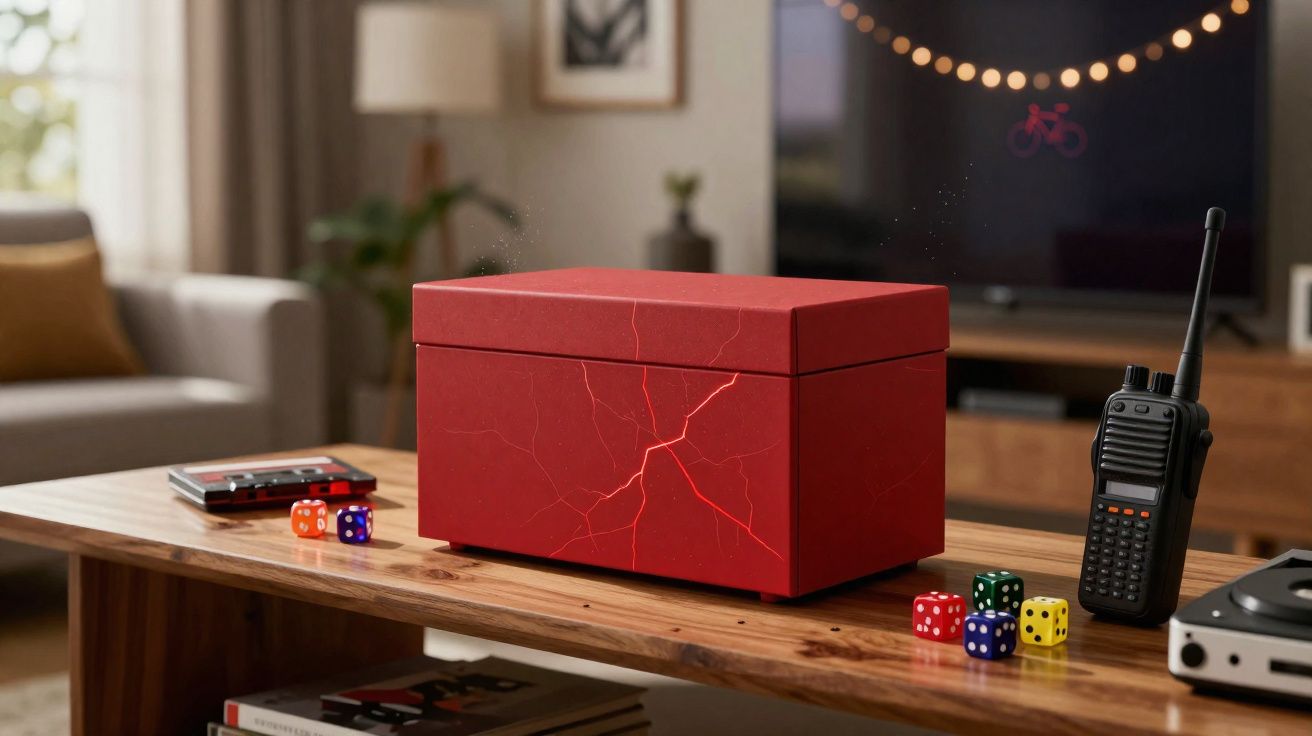 Caixa vermelha com rachaduras iluminadas sobre mesa de madeira, dados coloridos e rádio comunicador em sala.