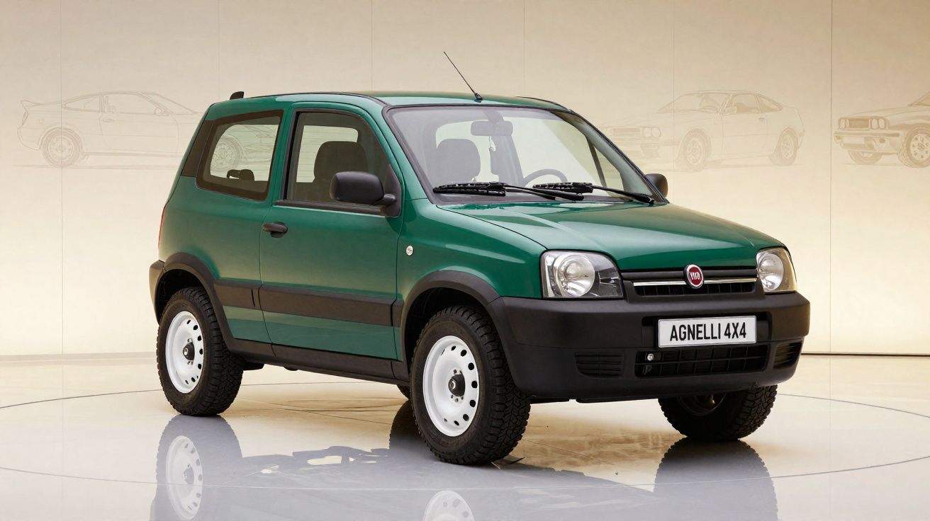 Carro Fiat Agnelli 4x4 verde, compacto, três portas, pneus robustos, exposto em ambiente neutro.