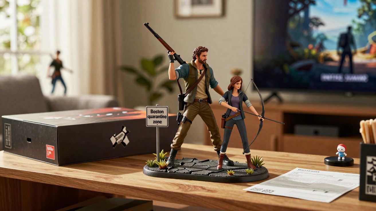 Figuras de ação de personagens com armas em base, placa "Boston quarantine zone", sobre mesa de madeira.
