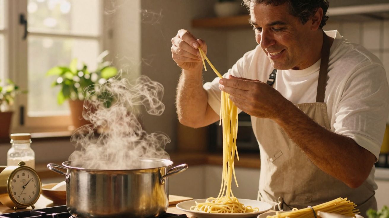 Homem sorrindo cozinha macarrão em panela com vapor na cozinha iluminada por janela.