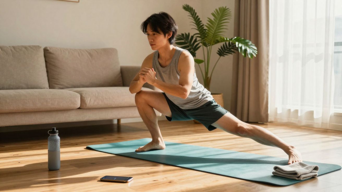 Pessoa fazendo alongamento lateral em tapete de yoga na sala iluminada, com garrafa e celular no chão.