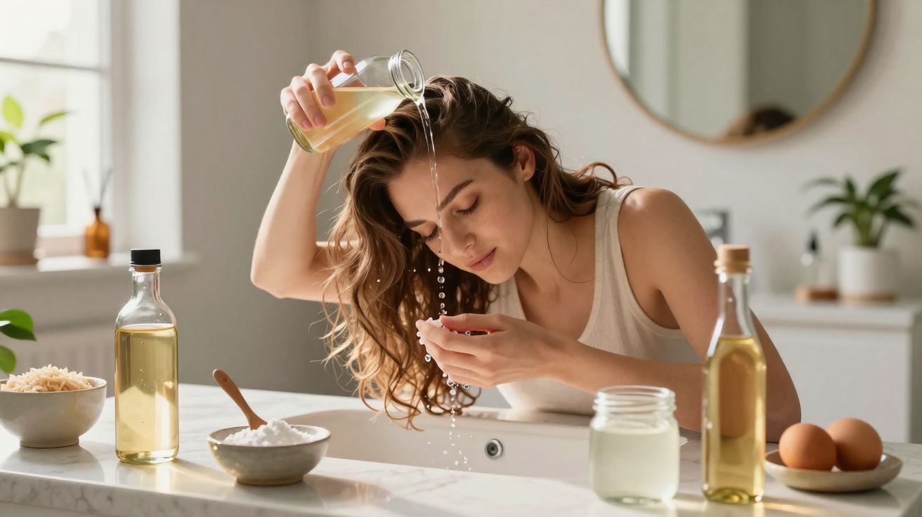Mulher derramando líquido no rosto em ambiente claro com utensílios de cozinha sobre a bancada.