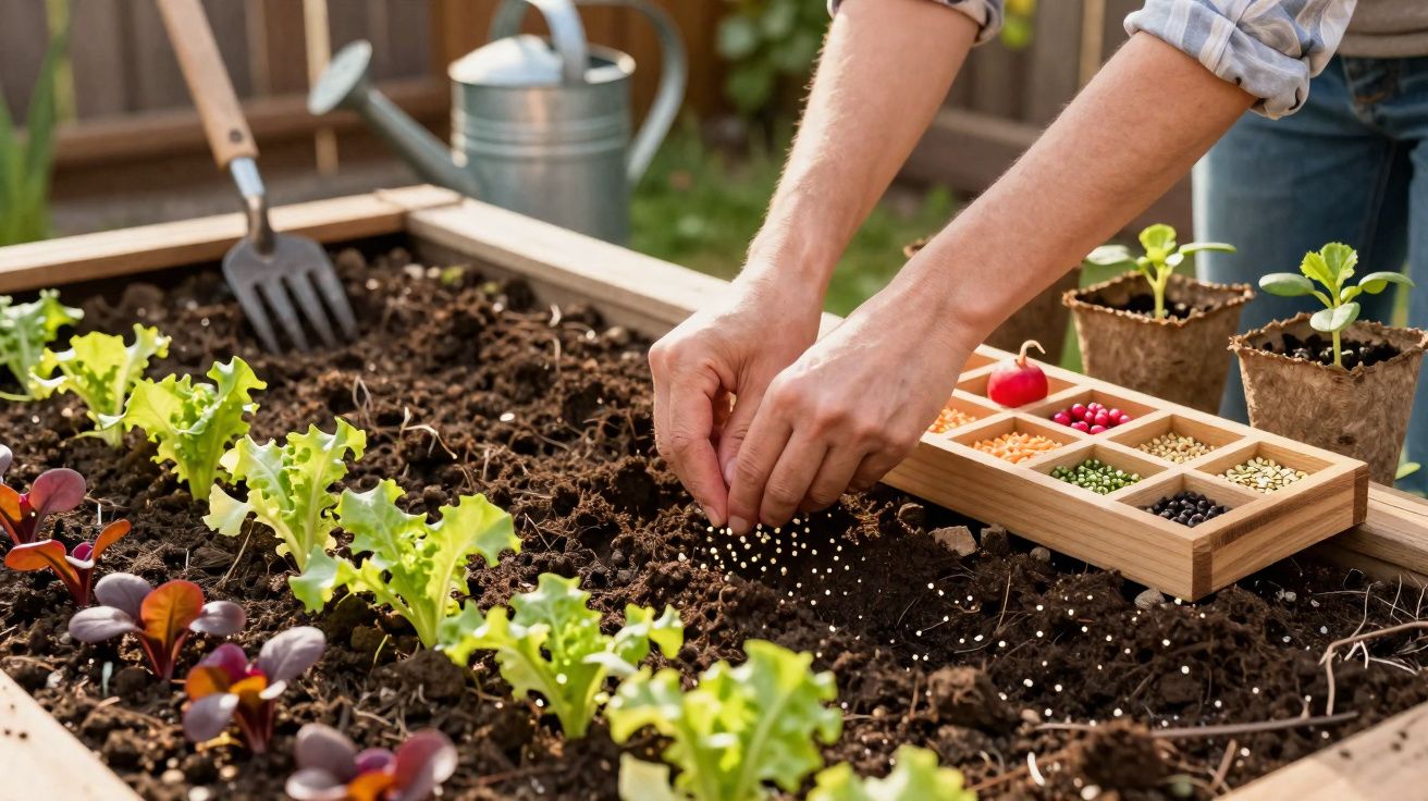 Pessoa plantando sementes em canteiro com várias mudas e sementes coloridas em caixa de madeira.
