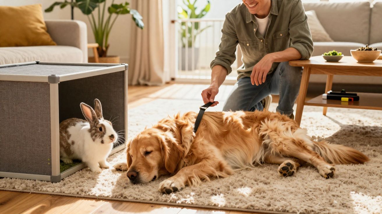 Pessoa acariciando cachorro golden retriever deitado no tapete perto de coelho branco e cinza em casa.