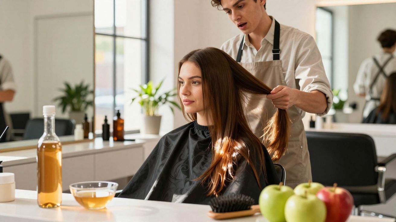 Cabeleireiro avaliando o cabelo de mulher sentada em salão moderno, com produtos e maçãs na mesa.