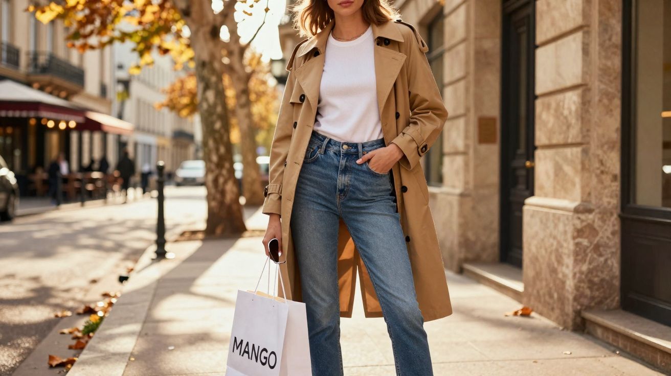 Mulher vestindo trench coat bege e jeans, segurando sacola de compras em rua com árvores ao fundo.