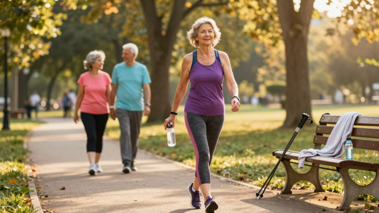 Mulher idosa caminhando em parque com duas pessoas ao fundo e banco com bengalas ao lado.