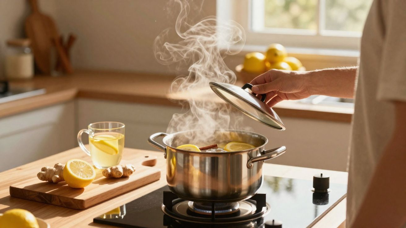 Pessoa abrindo tampa de panela com vapor e rodelas de limão em cozinha iluminada natural.