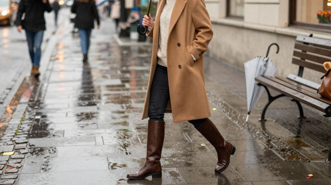 Pessoa caminhando na rua molhada de chuva com casaco bege, botas marrons e guarda-chuva na mão.