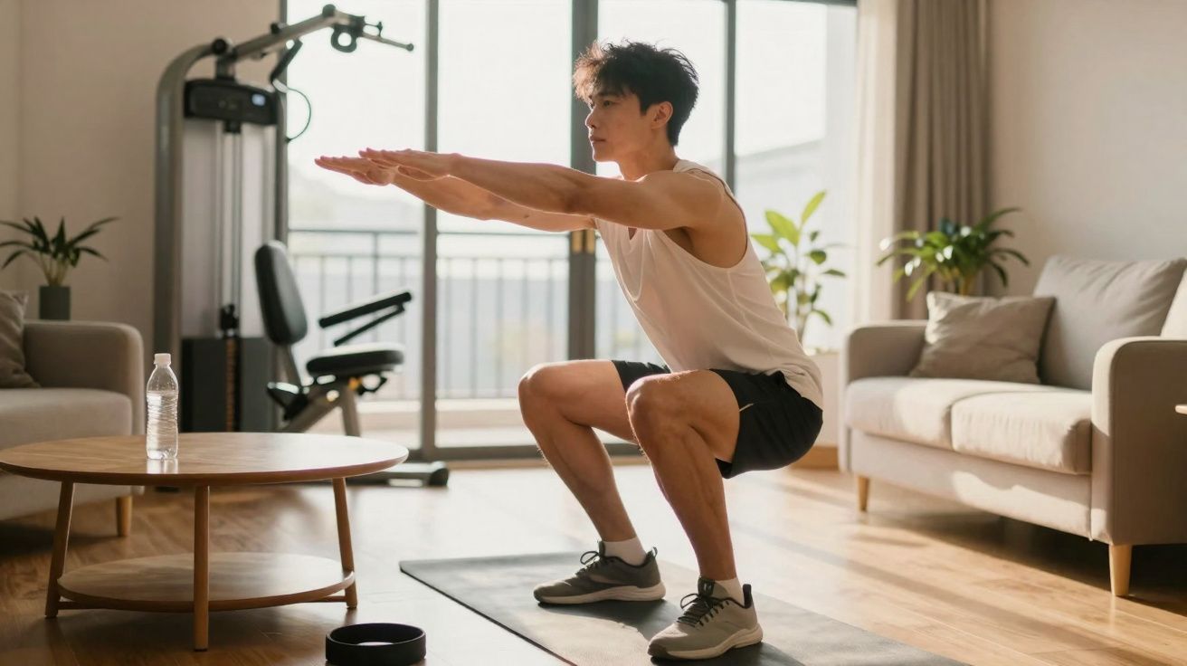 Homem fazendo exercício de agachamento em tapete na sala de estar iluminada pela luz natural.