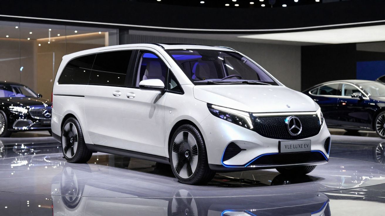 Van elétrica Mercedes-Benz branca exibida em salão de automóveis com luzes refletidas no piso brilhante.