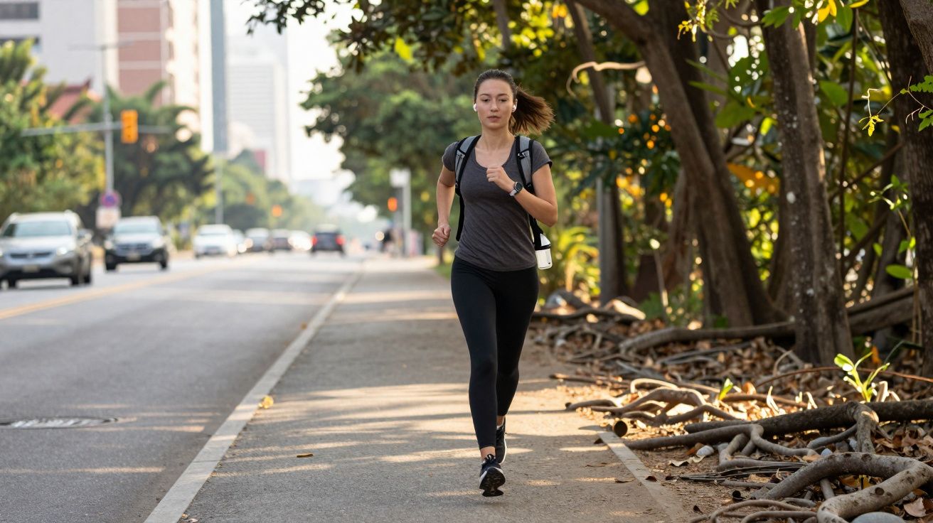 Mulher correndo ao ar livre na calçada próxima a uma avenida com árvores e carros ao fundo.