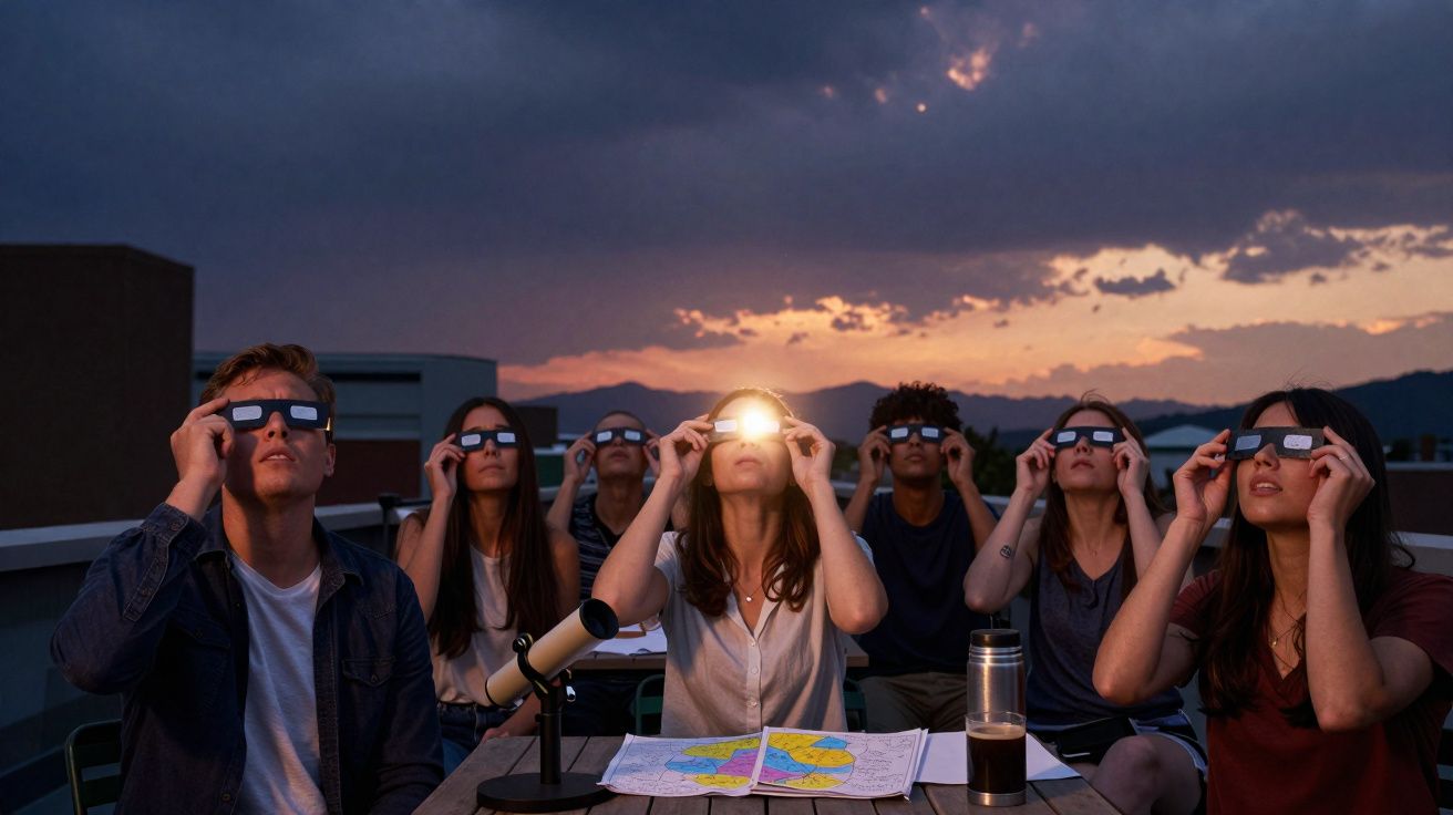 Grupo de pessoas observando o eclipse solar com óculos especiais ao pôr do sol no terraço.