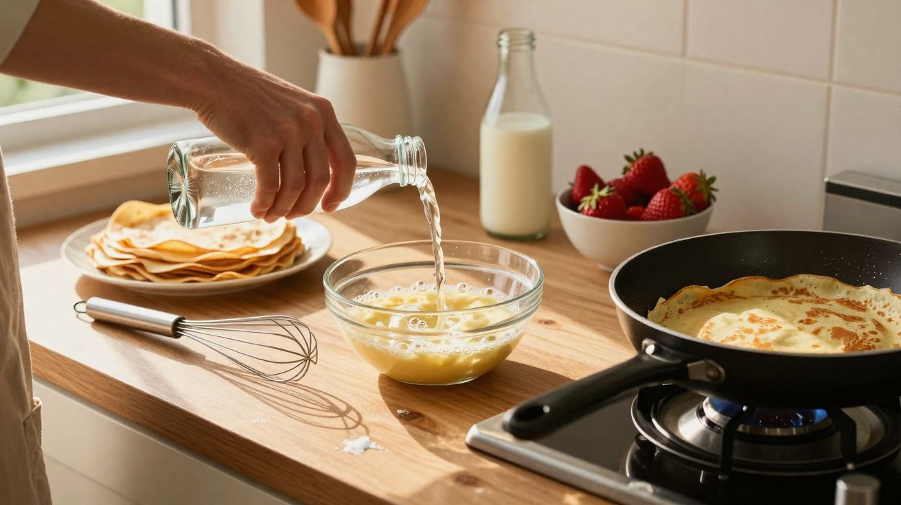 Pessoa despejando líquido em uma tigela com mistura para panquecas na cozinha.
