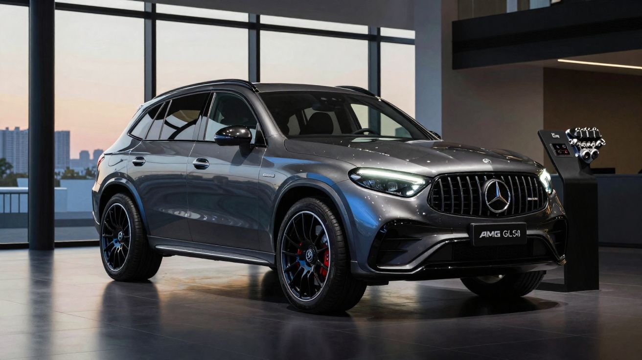 Mercedes-Benz AMG GLS 53 cinza em showroom com iluminação natural e motor exposto ao lado.