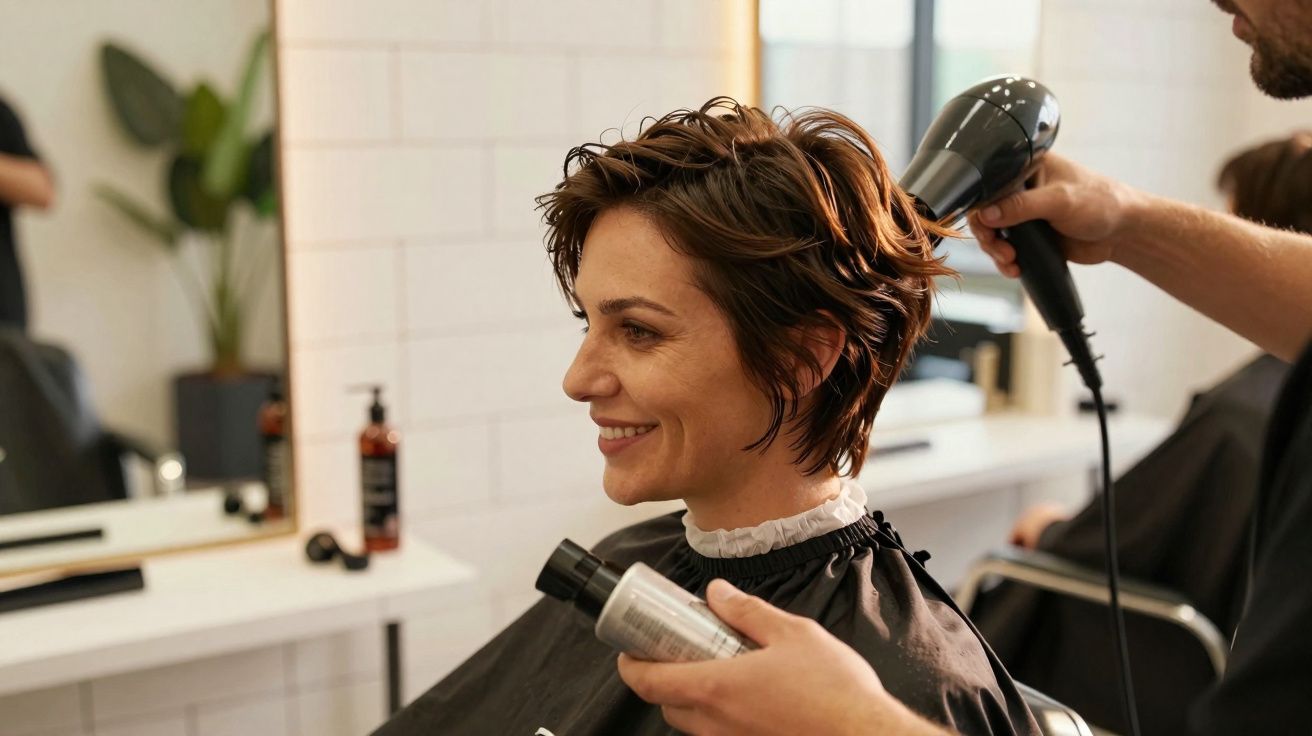Mulher sorrindo enquanto profissional seca seu cabelo curto em salão de beleza moderno.