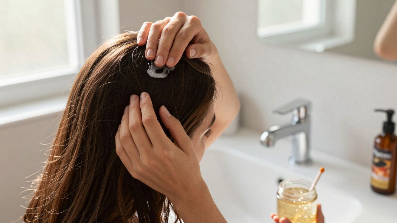 Pessoa aplicando produto capilar no cabelo usando grampo em banheiro iluminado.