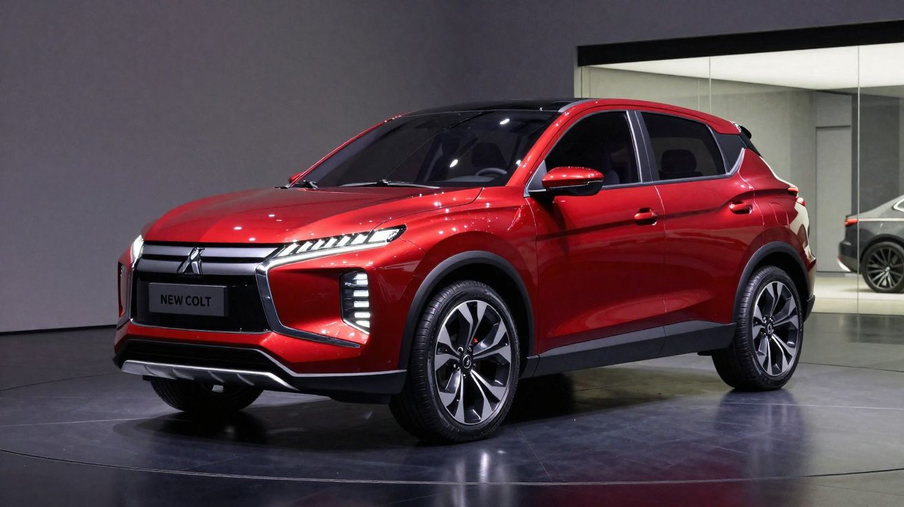 SUV vermelho Mitsubishi New Colt exibido em estande moderno com acabamento preto e cinza.