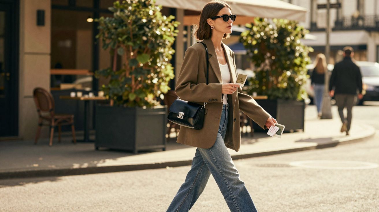 Mulher de óculos escuros, blazer marrom e jeans caminhando na rua com bolsas e fotos na mão.