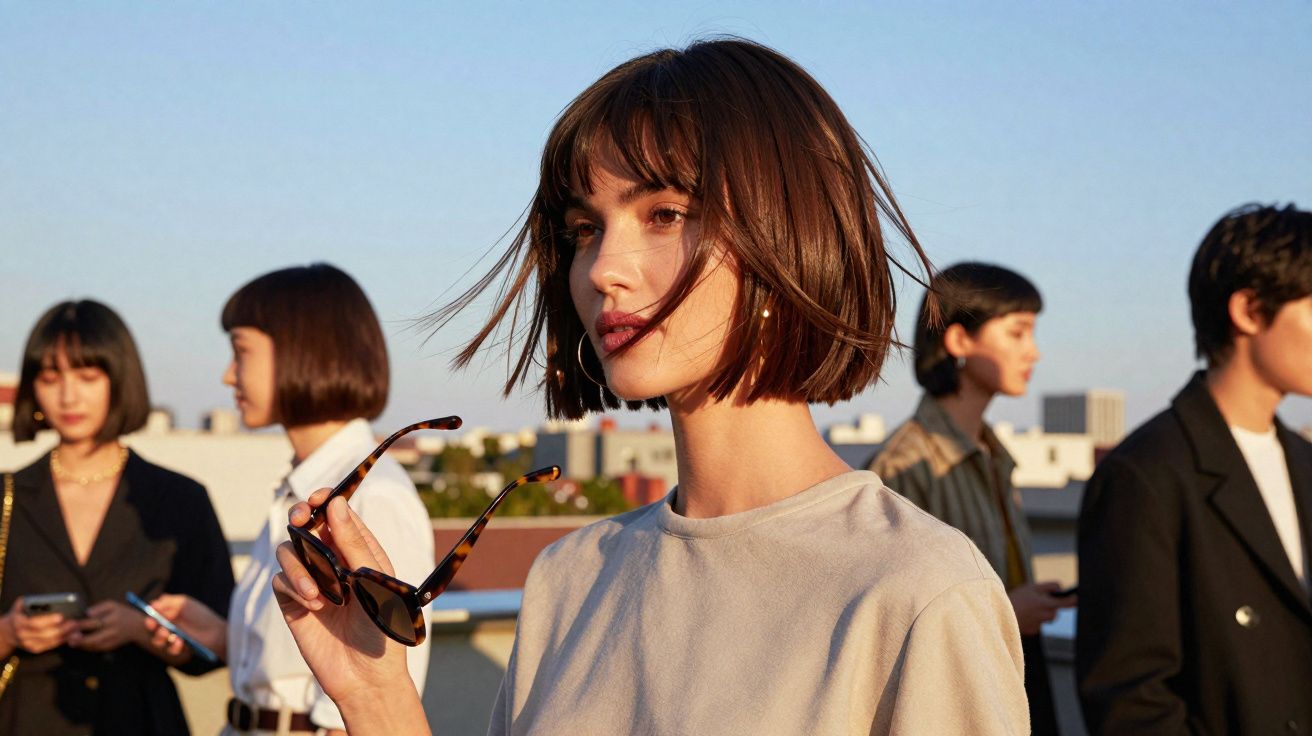 Mulher de cabelo curto segurando óculos escuros, com outras pessoas ao fundo em ambiente externo ao pôr do sol.