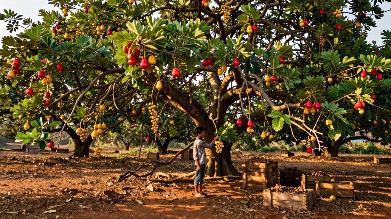 Homem em pé ao lado de árvore com frutas coloridas penduradas e caixas no chão em área rural.