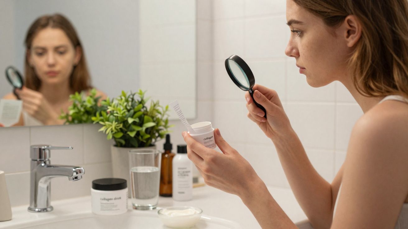 Mulher examinando embalagem de creme com lupa em banheiro moderno com plantas e espelho.