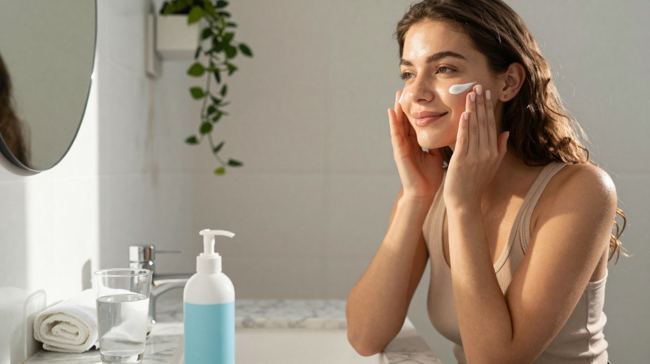 Mulher aplicando creme facial em ambiente claro de banheiro com toalha e planta ao fundo.