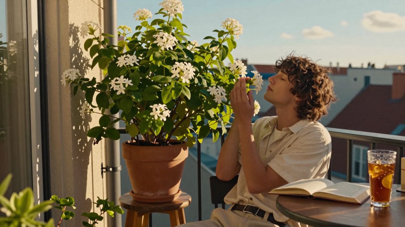 Homem sentado em varanda cheirando flores de vaso ao lado de mesa com livro aberto e copo de chá gelado.