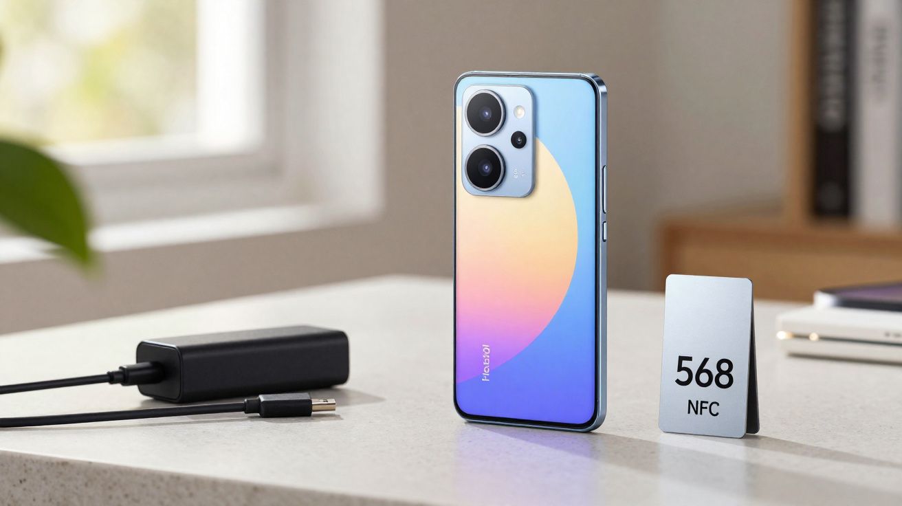 Smartphone Huawei com parte traseira colorida em tons de azul e rosa, carregador e placa NFC 568.