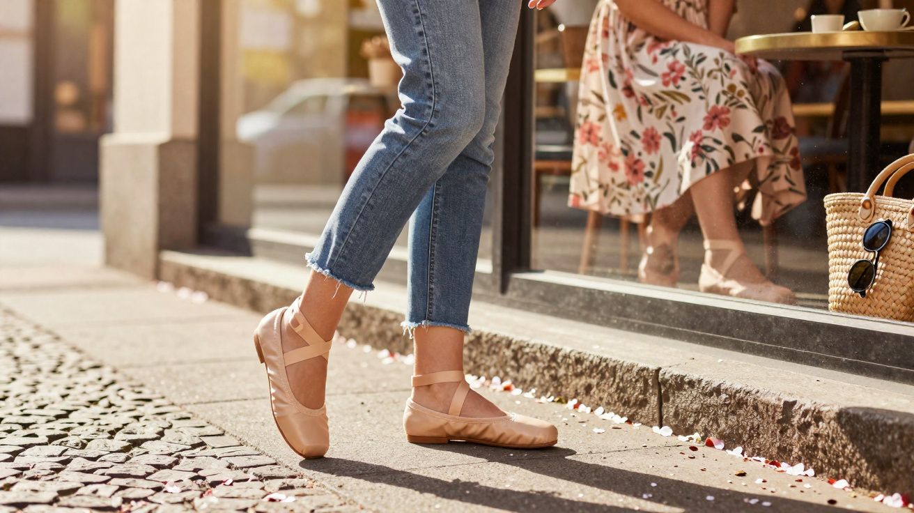 Pessoa de jeans e sapatilhas de balé rosadas está na calçada em frente a vitrine de café, com outra pessoa sentada ao fundo.