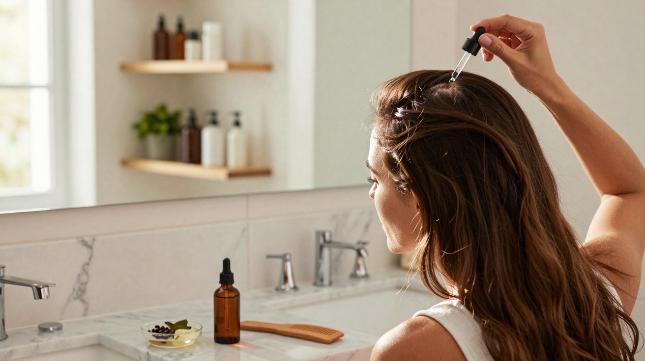 Mulher aplica sérum capilar com conta-gotas em banheiro com pia e espelho.