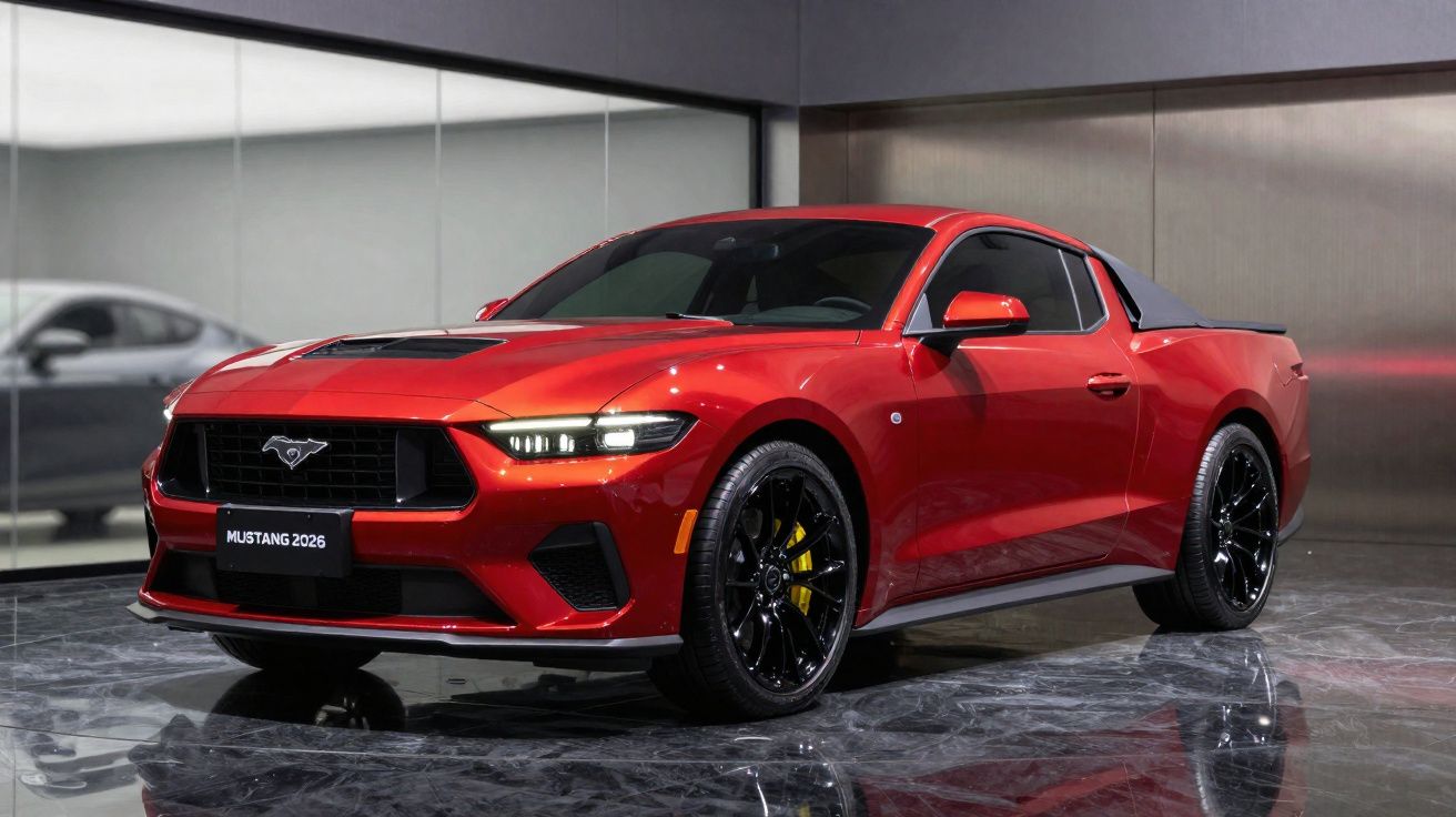 Carro esportivo Mustang 2026 vermelho exibido em ambiente interno com piso brilhante.