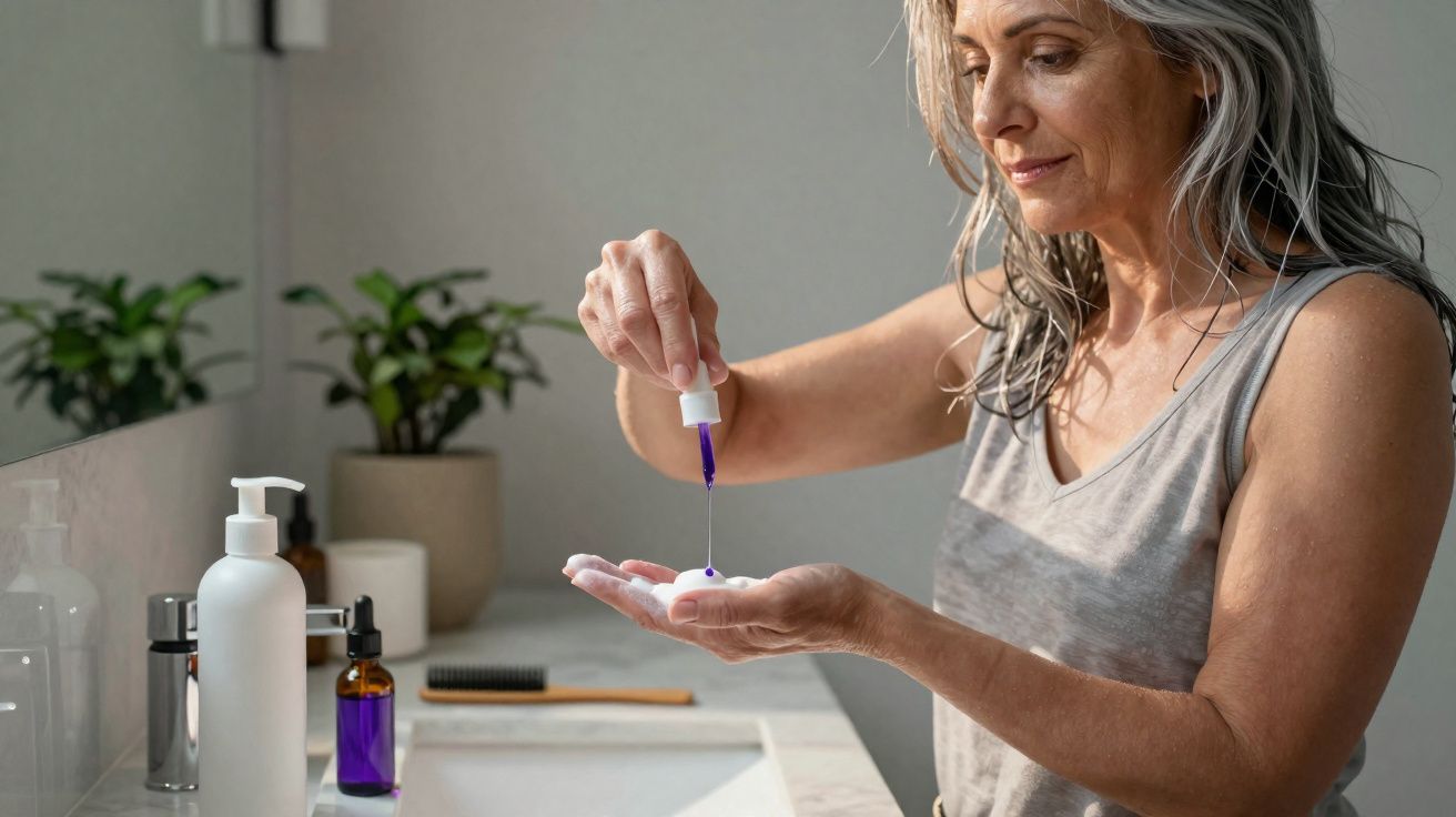 Mulher madura aplicando soro facial roxo na mão em banheiro com plantas ao fundo.