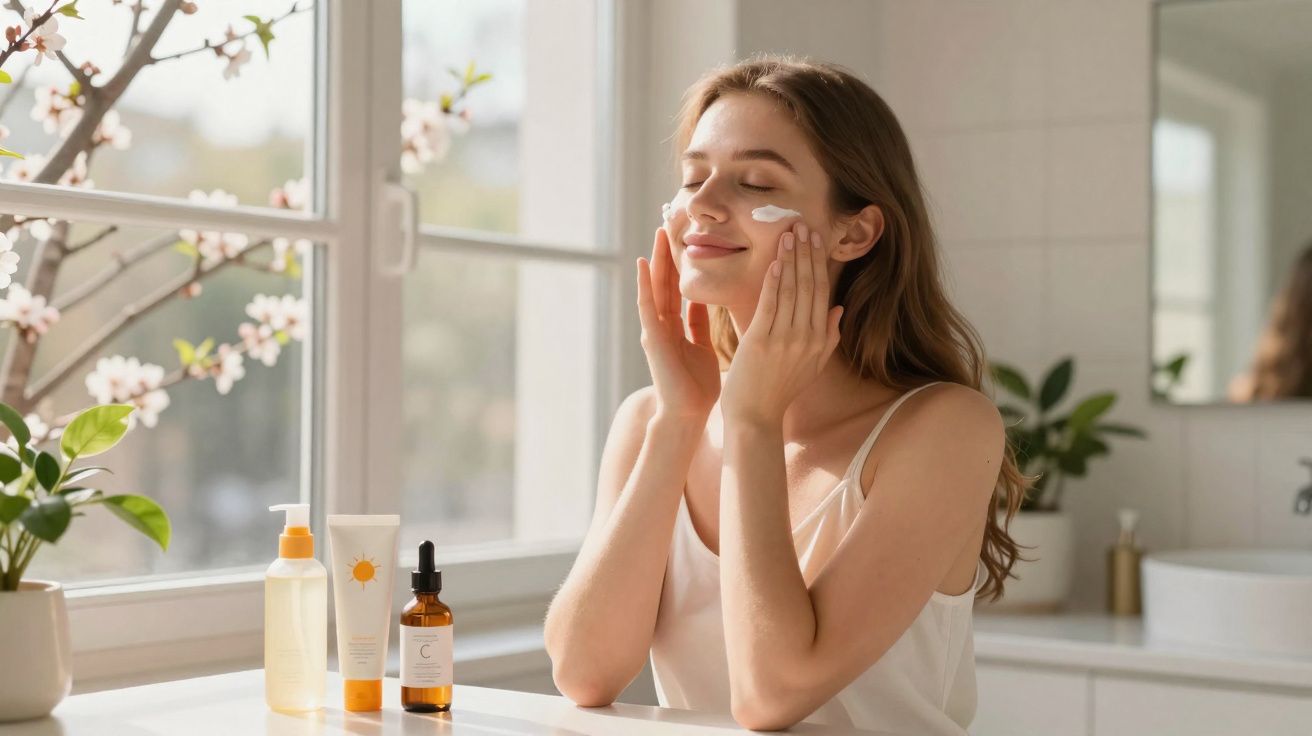 Mulher aplicando creme facial, sentada próxima à janela em ambiente iluminado e decorado com plantas.